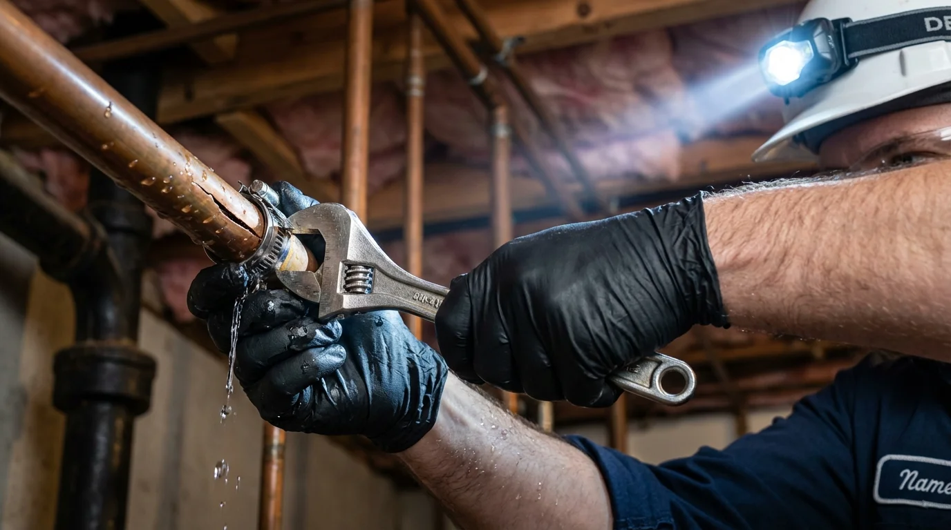 Emergency pipe clamp repair being performed by a Johns Plumbing LLC plumber in Throckmorton