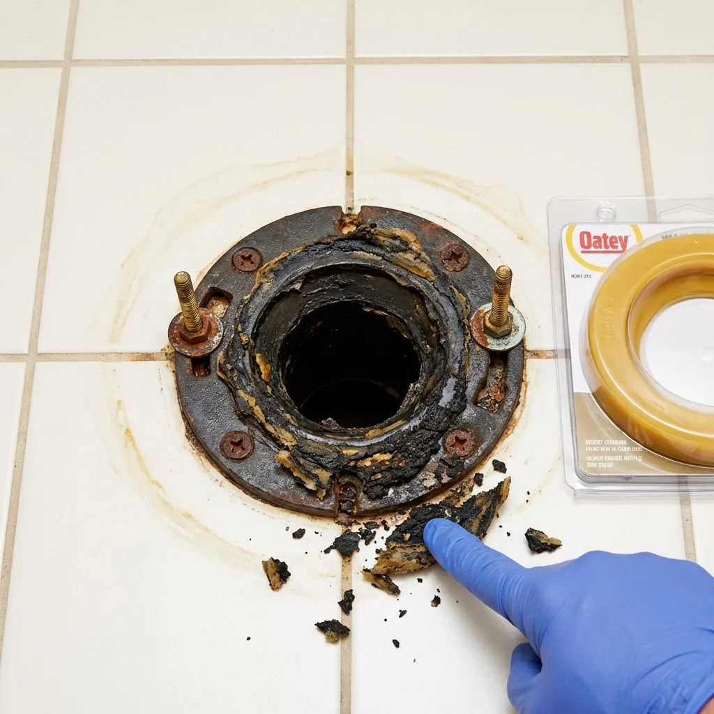 Failed wax ring showing water seepage at the base of a toilet in a Throckmorton, TX home